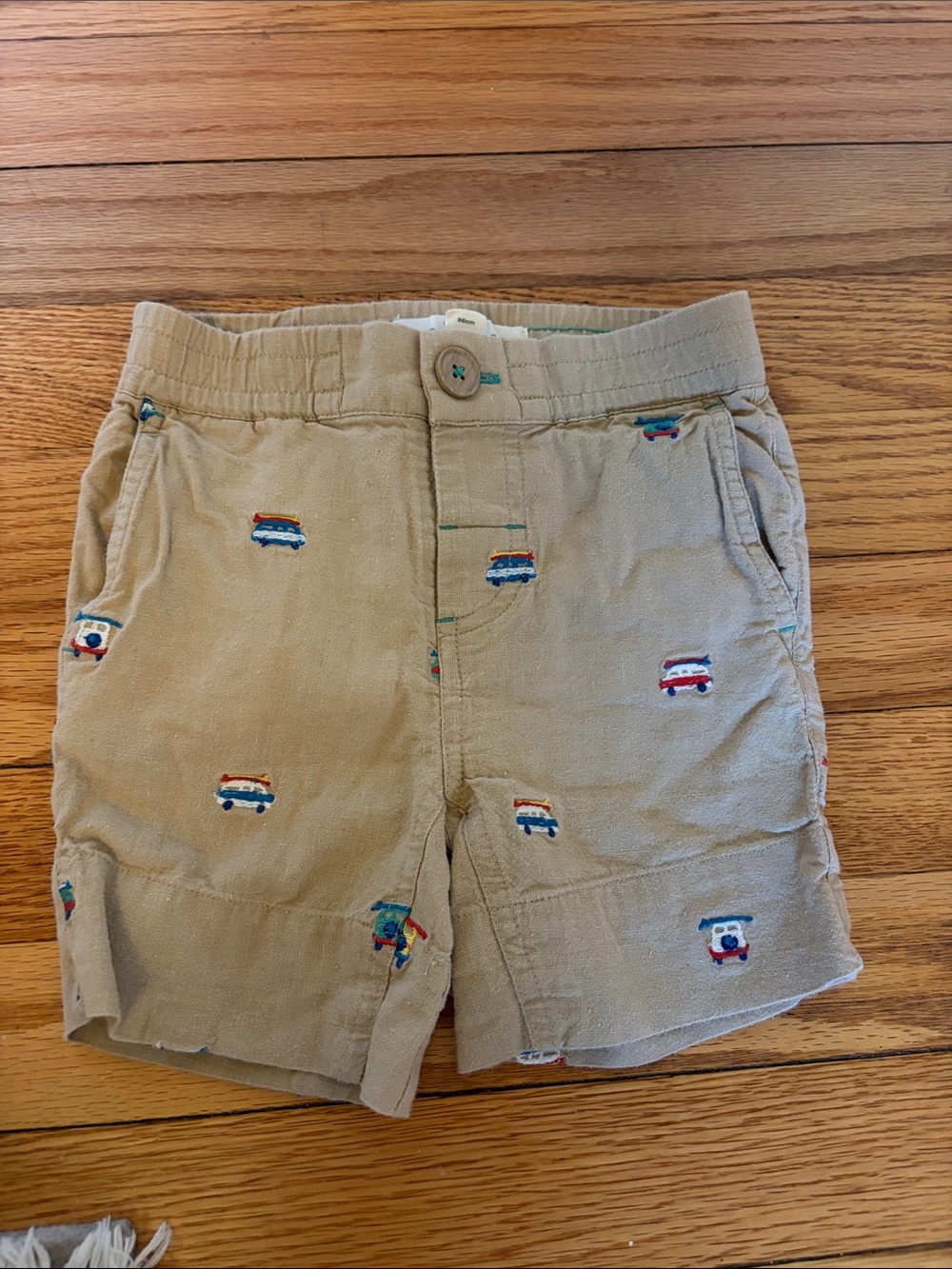 Mini Boden Tan Embroidered Shorts with Colorful Car Motifs
